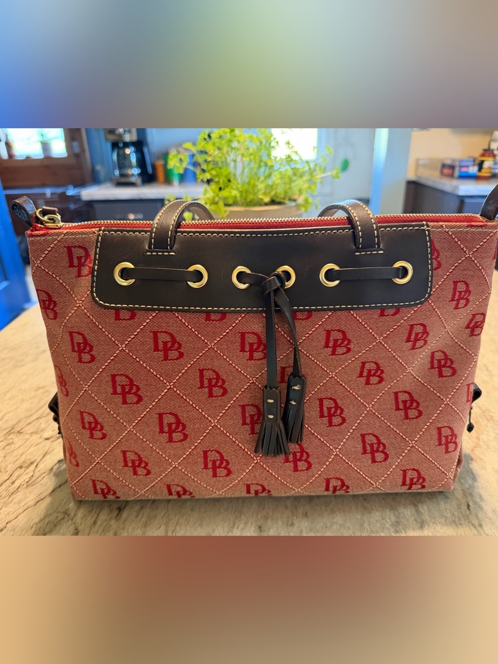 Dooney and Bourke Patterned Red Canvas Tote with Black Trim